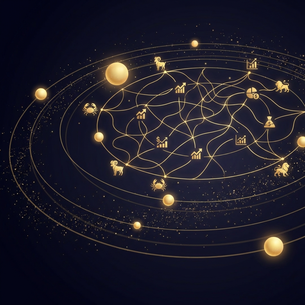 Planetary alignment neural network visualization connecting celestial data to financial predictions