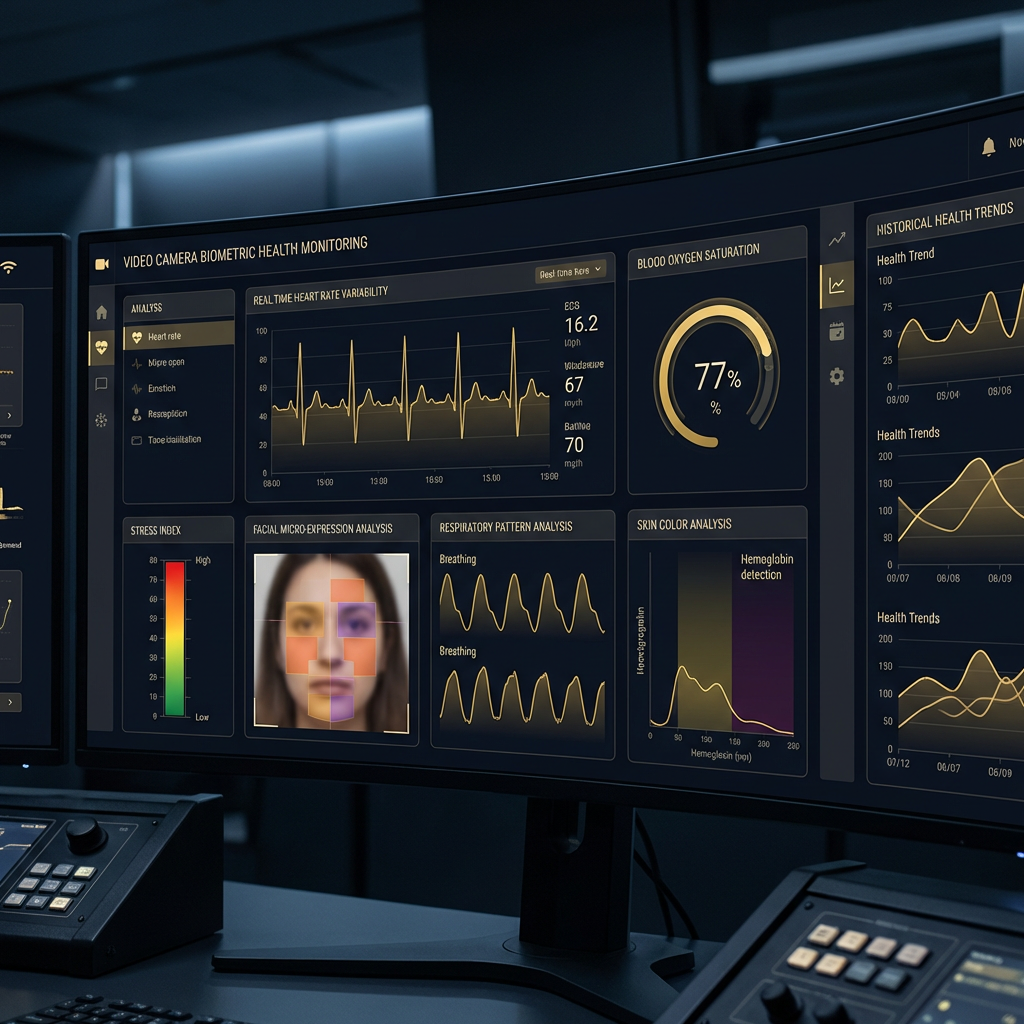 Biowell multi-panel biometric dashboard showing heart rate, blood oxygen, emotion detection, respiratory analysis, and health trends