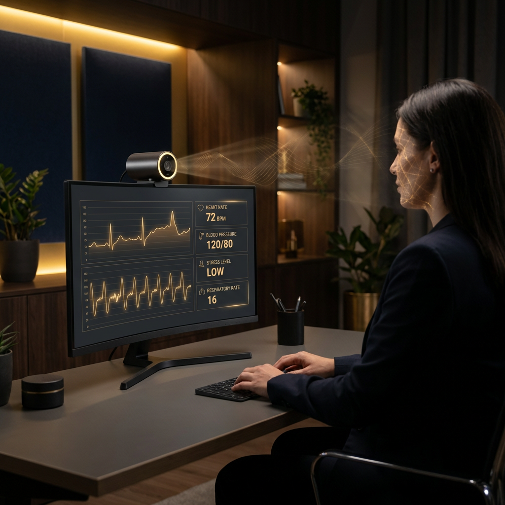 Biowell video camera biometer showing real-time vital sign extraction from webcam feed
