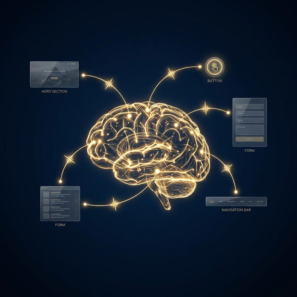 Cognitive science brain visualization connected to web UI components showing bias-driven design decisions