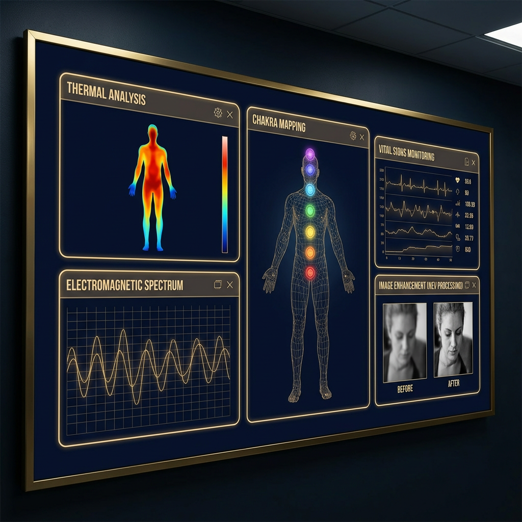 NEV Processor multi-panel dashboard showing thermal analysis, chakra mapping, electromagnetic spectrum, and vital signs