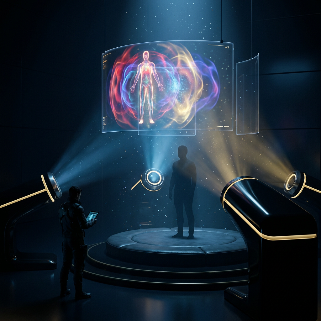 NEV Processor energy vision imaging system showing holographic aura visualisation in laboratory setting