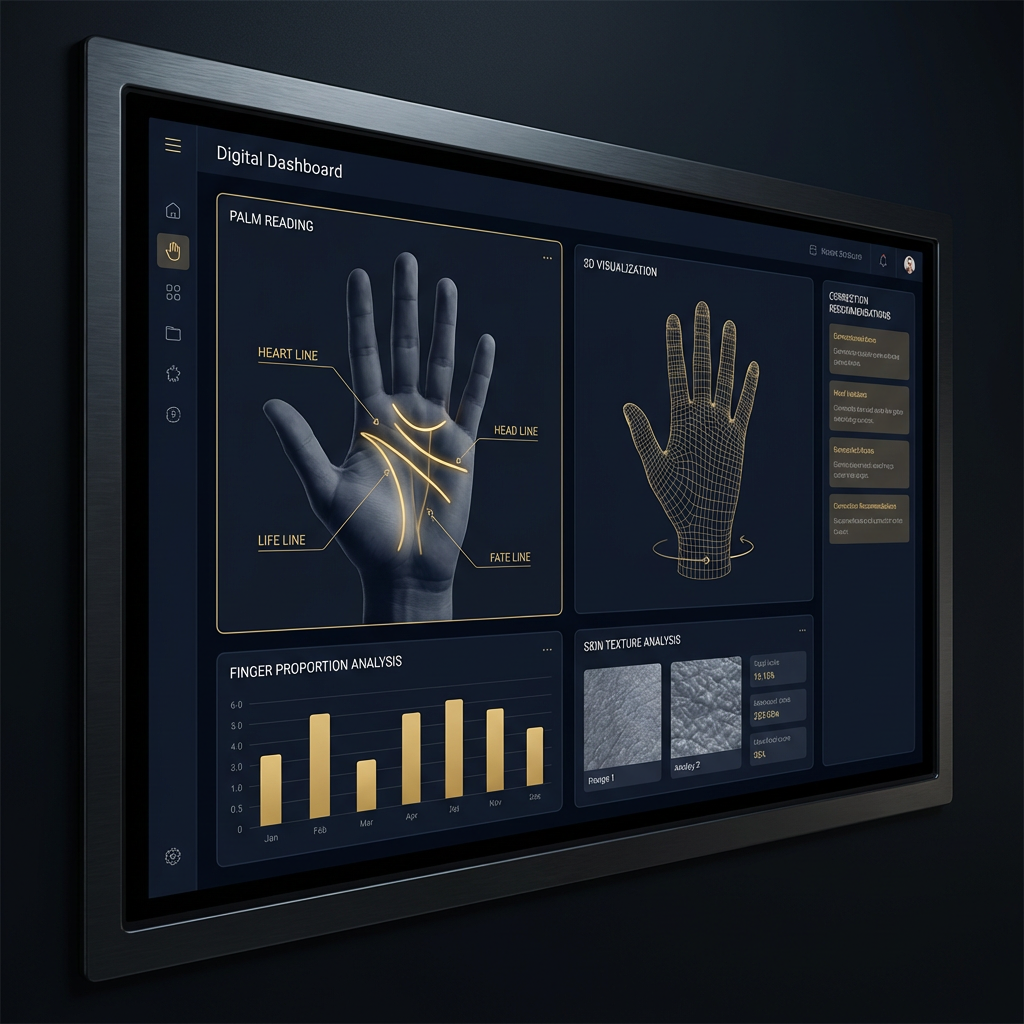 Multi-panel palmistry dashboard showing palm line detection, mount analysis, and interpretation results