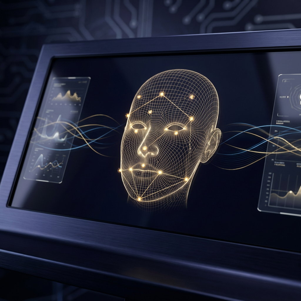 PhysioVision AI face analysis interface with golden wireframe mesh and landmark detection