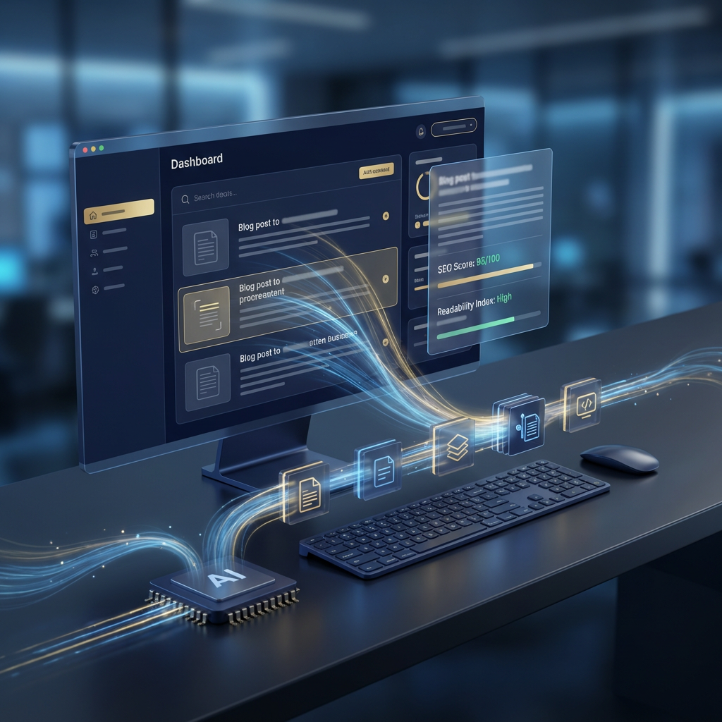 WordPress Blog Posts Generator dashboard showing automated content creation and publishing pipeline