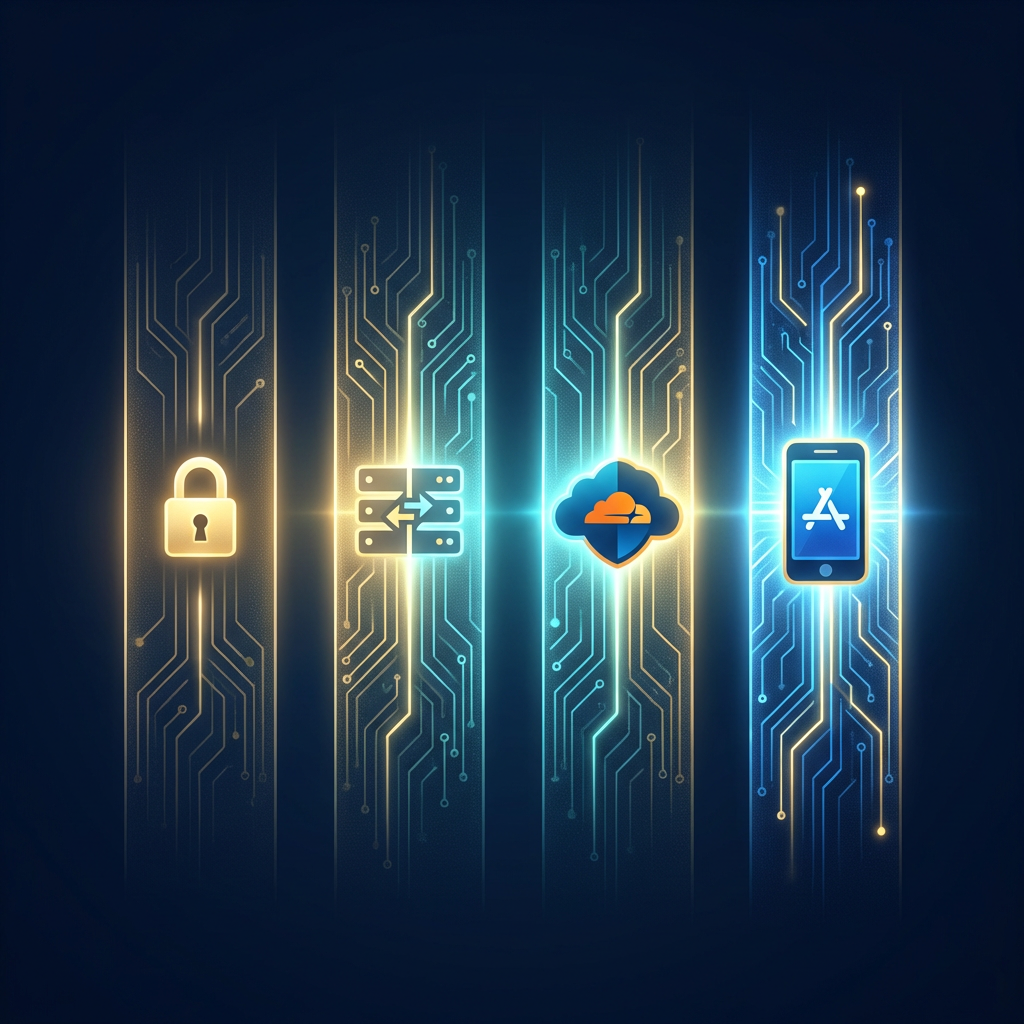 Four escalating protection levels visualisation — padlock, server split, cloud shield, app store
