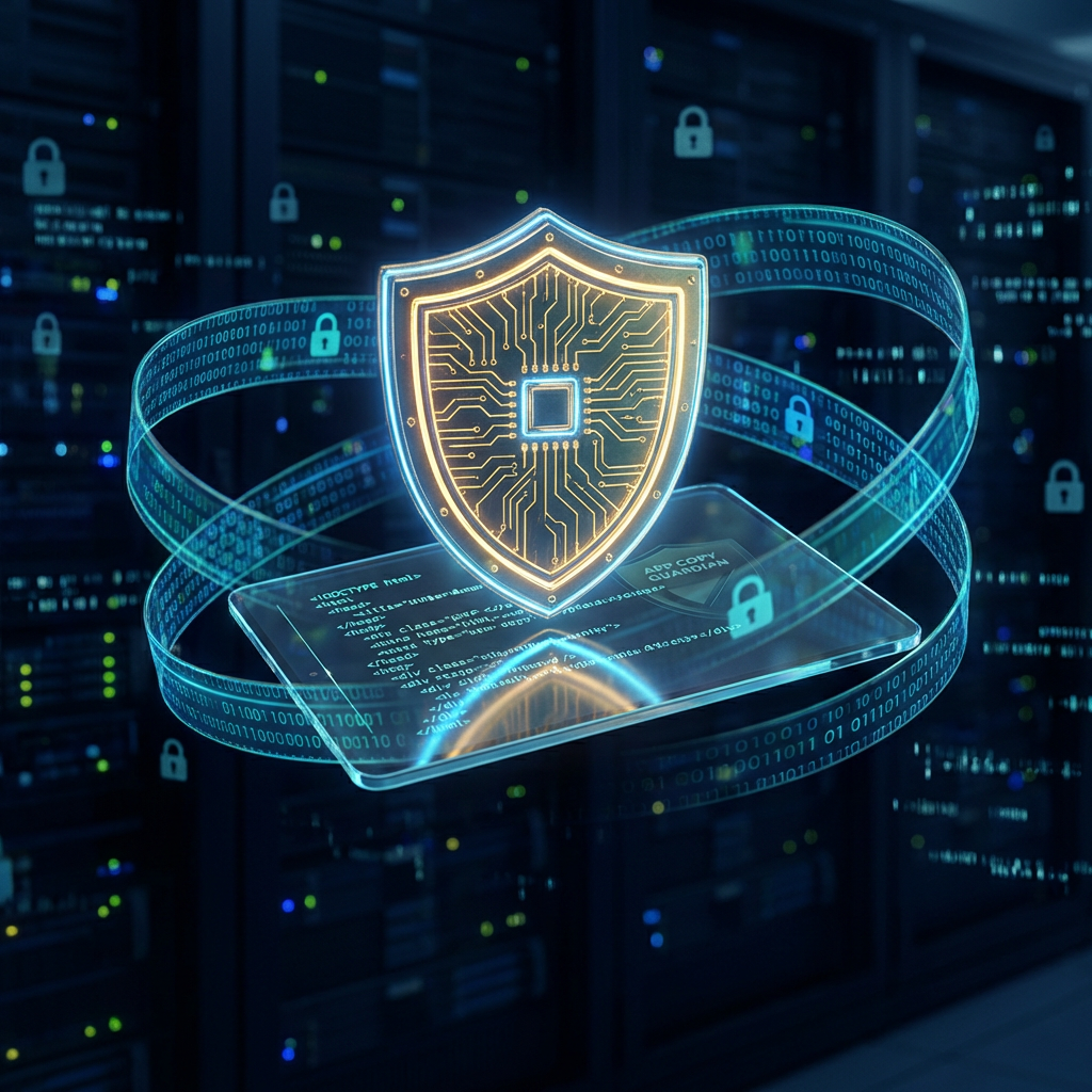 App Copy Guardian — secure shield protecting HTML application code with encryption streams