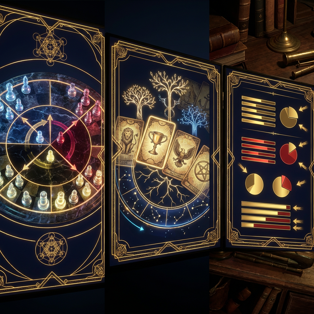 Multi-panel Enochian Chess analysis showing elemental attributions, divination readings, and game state
