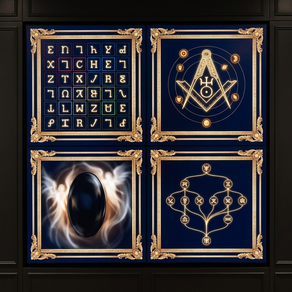 Multi-panel Enochian system showing alphabet tables, sigil generators, and hierarchical angel correspondences