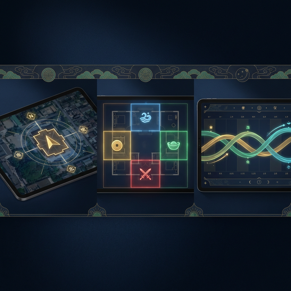 Multi-panel Feng Shui analysis showing Lo Shu grid, flying star charts, and directional energy maps