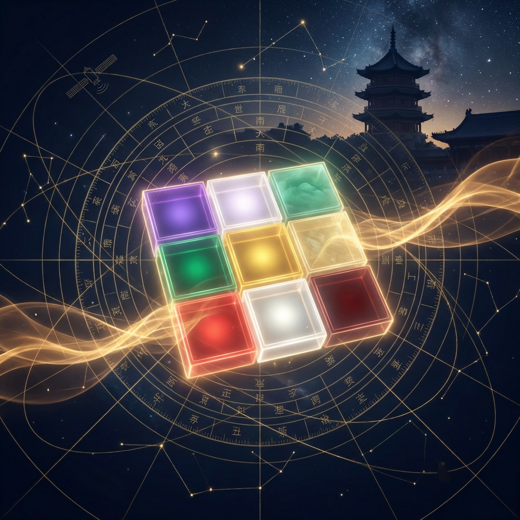 Flying Star Feng Shui Oracle showing compass overlay with energy star positions on architectural floor plan