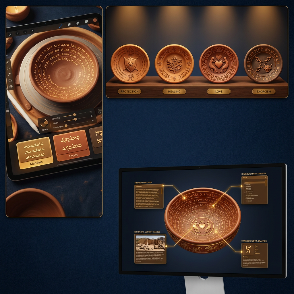 Multi-panel analysis showing Aramaic script generation, demon nomenclature database, and bowl text patterns