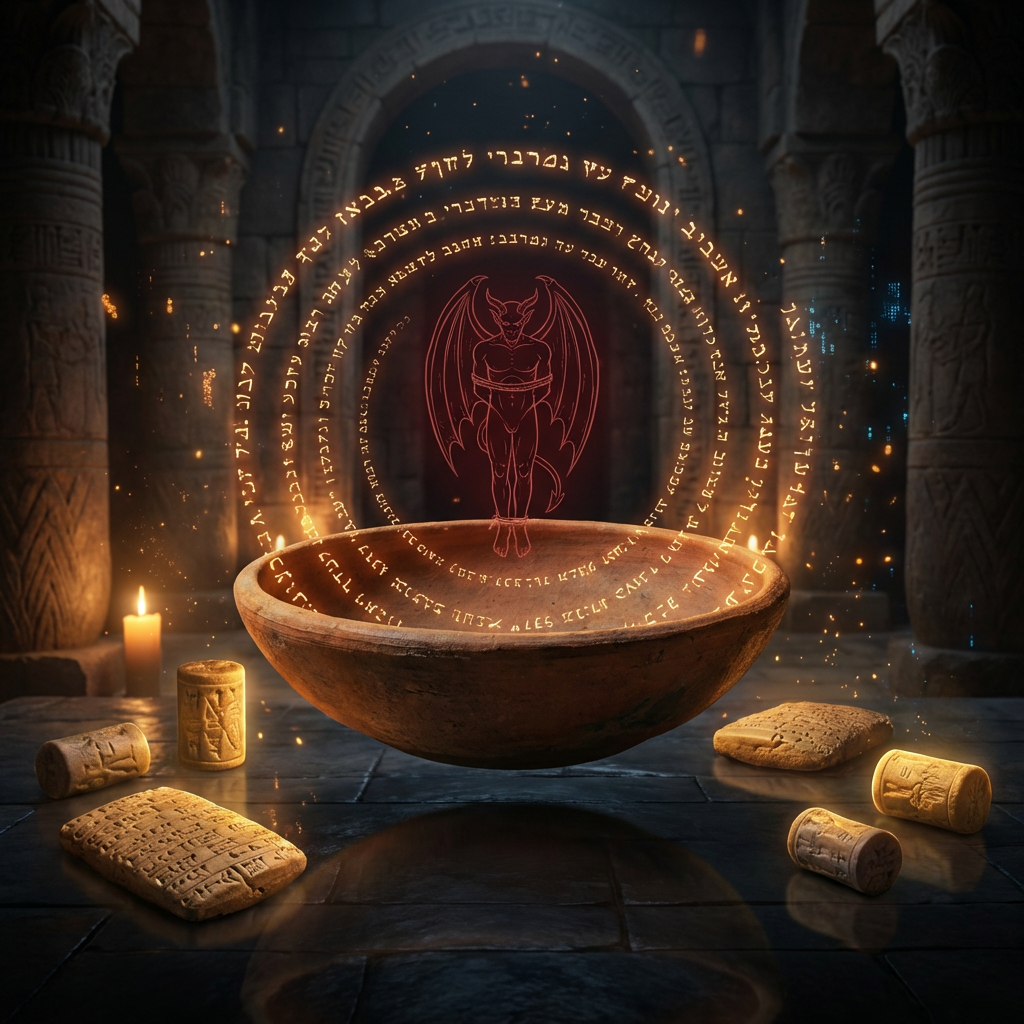Incantation Bowl Generator showing spiral Aramaic text on a ceramic bowl with demon binding formulae
