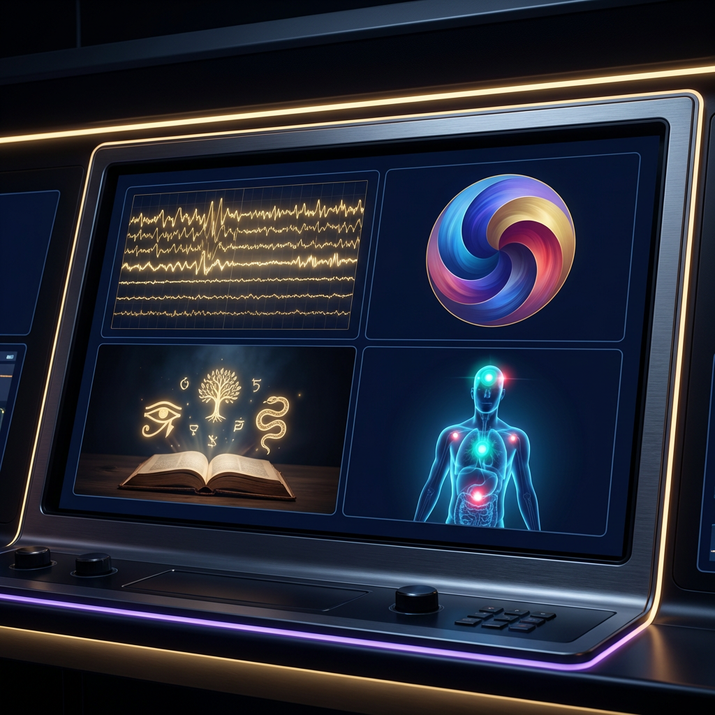 Psychosomatic Dream Interpreter analysis dashboard — EEG waves, emotion wheel, symbol library, body map