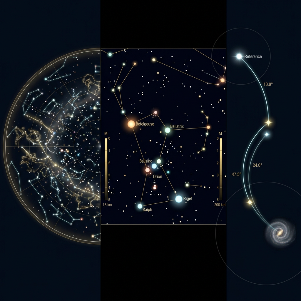 Multi-panel astronomy interface showing constellation maps, star catalogs, and guided observation paths