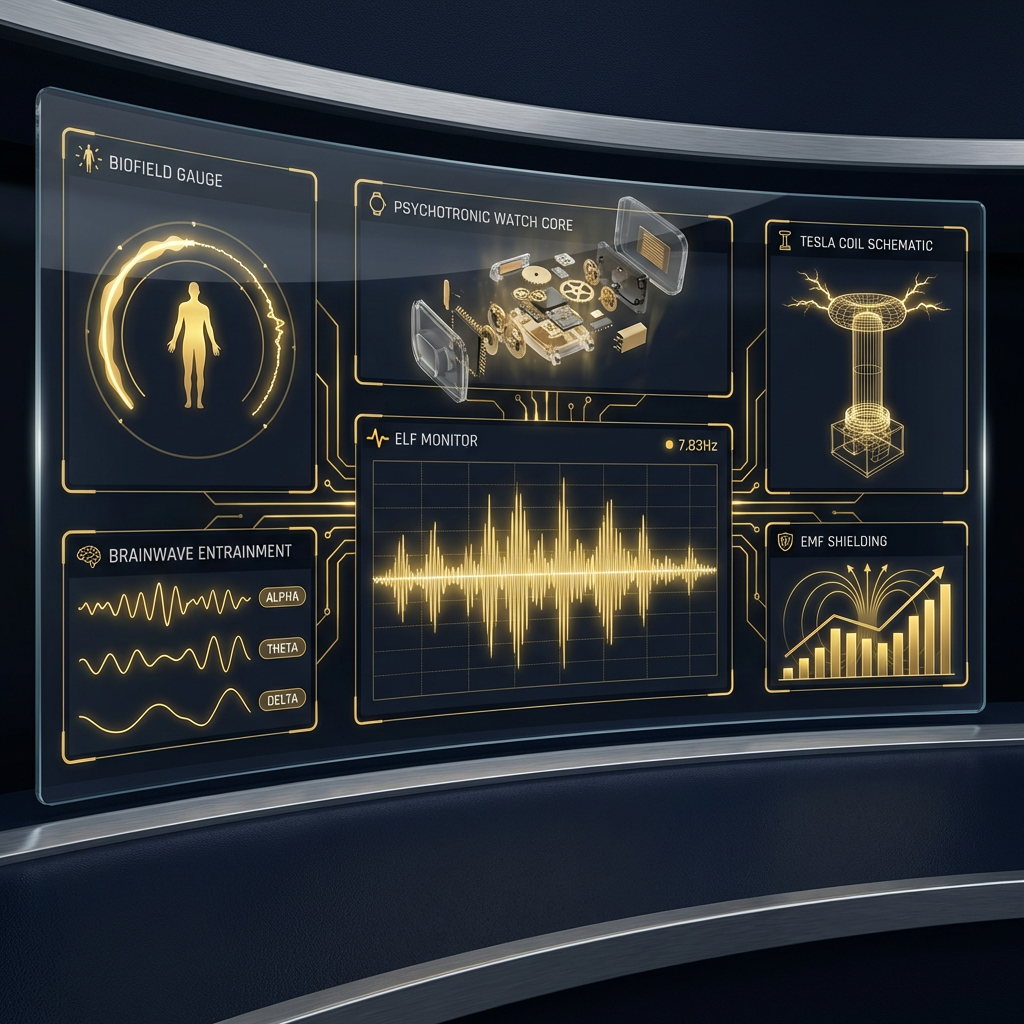 Multi-panel psychotronic dashboard showing brainwave patterns, Schumann resonance, and biofield metrics