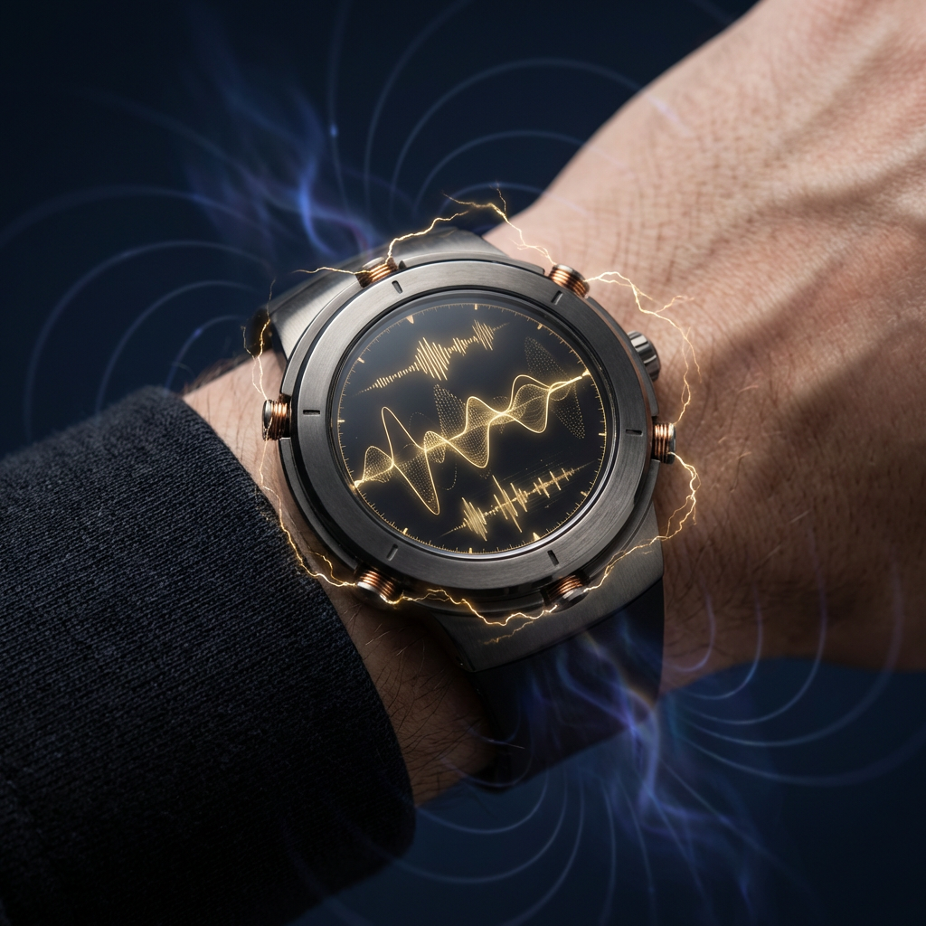 Teslar Psychotronic Watch with glowing frequency waveforms and electromagnetic field visualization